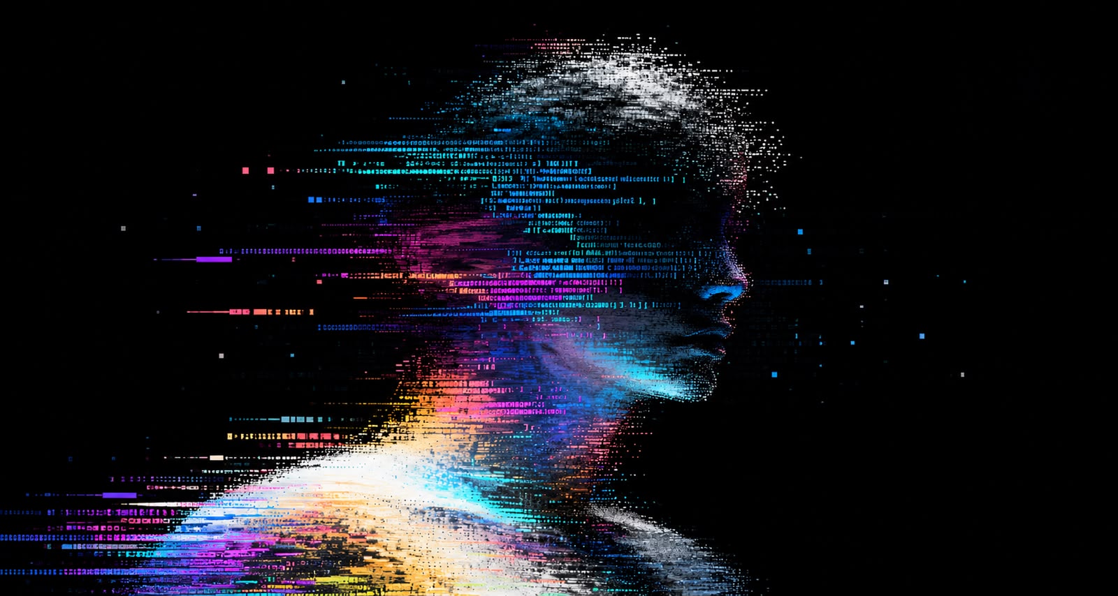 A luminous profile formed from colorful digital code against black